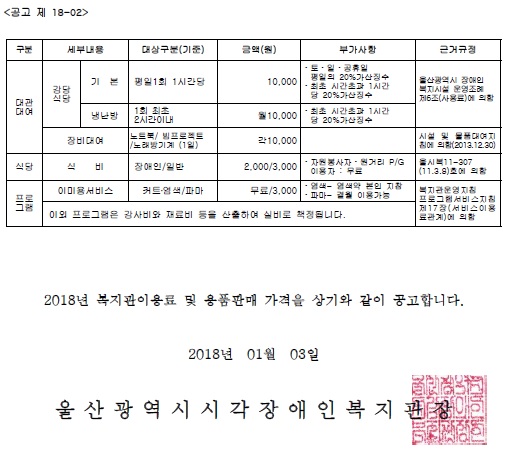 복지관 이용료 및 용품판매가격2