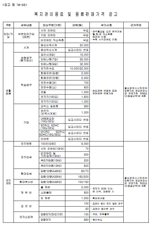 복지관 이용료 및 용품판매가격 공고 1
